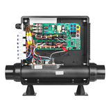 Internal view of a Davey SpaPower SP1200 controller box showing the green motherboard, multi-phase electrical wiring, DIP switches, and the integrated 3.5kW 240V AC heater element tube.