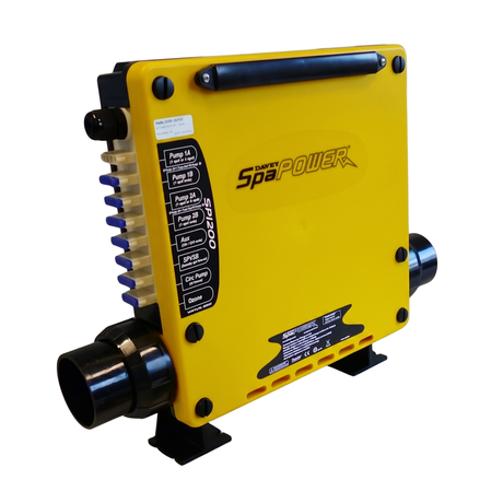 Side angle view of a yellow Davey SpaPower SP1200 multiphase spa pool controller pack, showing the vertical stack of blue AMP plug sockets and the heavy-duty black plumbing barrel union connections.