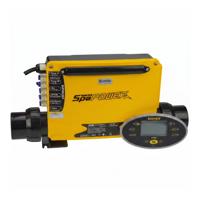 A yellow Davey SpaPower SP800 3kW spa pool heater and controller unit shown with its matching oval SP800 digital topside touchpad control panel.