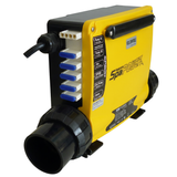 Side angle view of a yellow Davey SpaPower SP800 spa controller showing labeled AMP plug connection sockets for Pump 1A, Pump 1B, Aux, Circ Pump, and Ozone, alongside a black barrel union pipe connection.