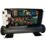 Internal view of a Davey SpaPower SP800 controller showing the green printed circuit board (PCB), electrical wiring connections, terminal blocks, and the attached black heater tube element.