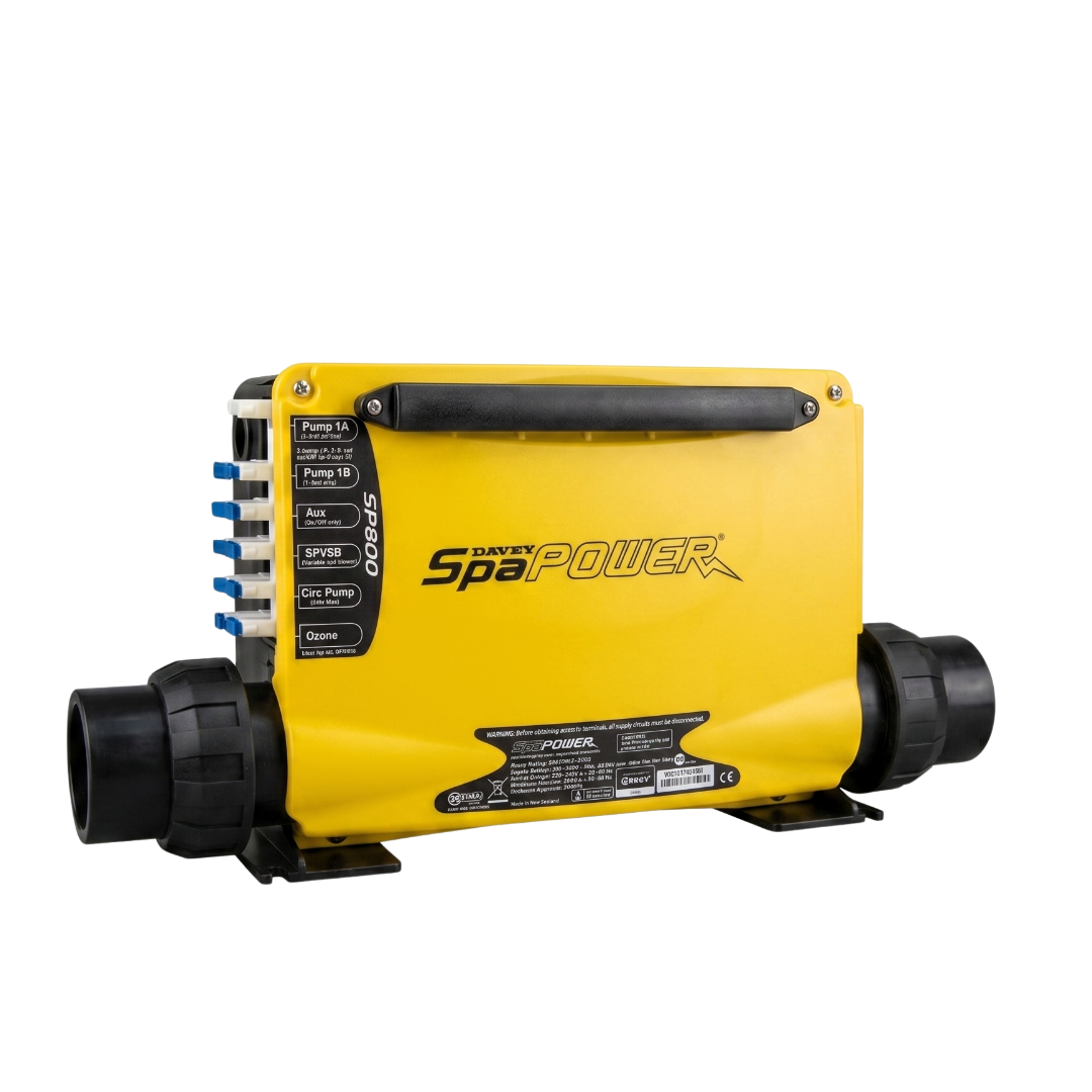 Front view of a yellow Davey SpaPower SP800 spa pool controller pack with integrated black heater tube barrel unions and side-mounted AMP plug outlets