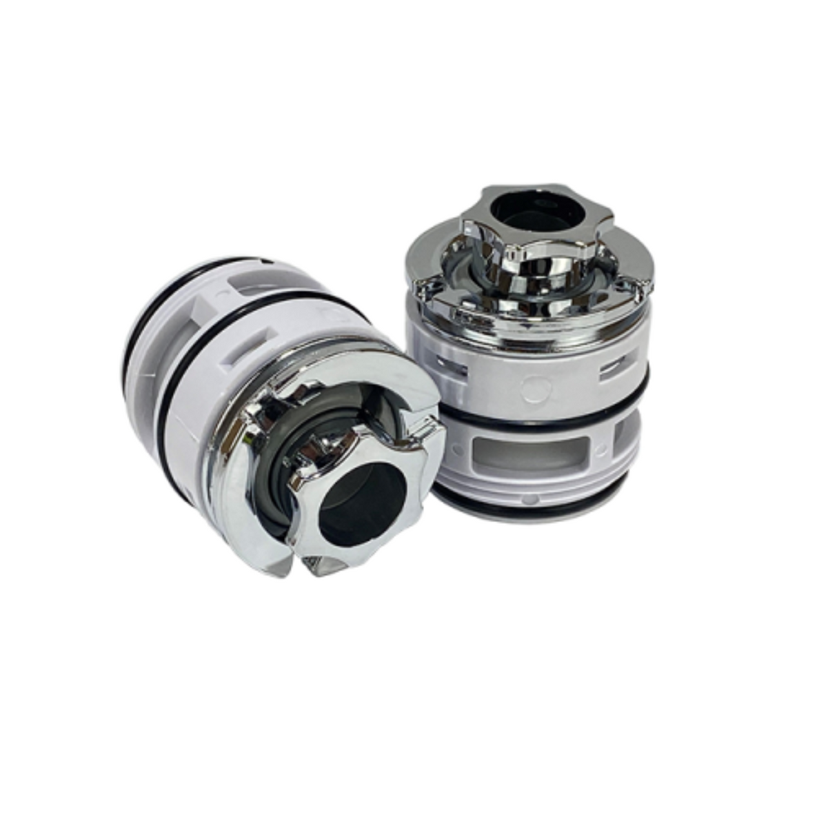 Pair of chrome directional internal SL spa jet inserts for hot tubs shown side by side.