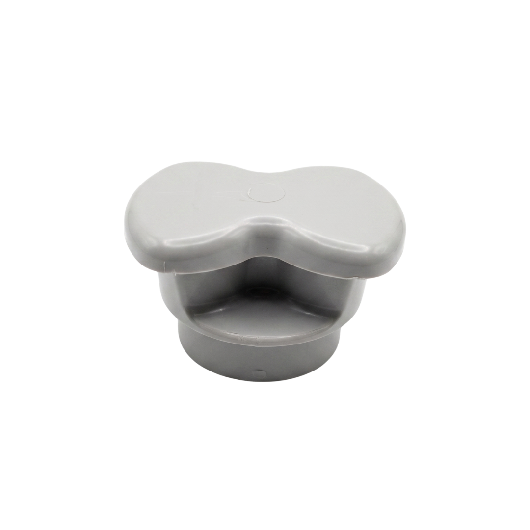 Straight front view of a grey disposable spa filter cap replacement designed for Nature 2 mineral sanitizer sticks showing the contoured plastic top grip