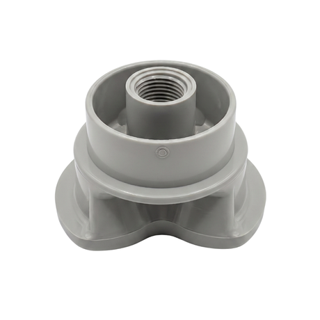 Slightly elevated underside view of a grey disposable spa filter cap replacement for Nature 2 mineral sanitizer sticks centering the female threaded internal core