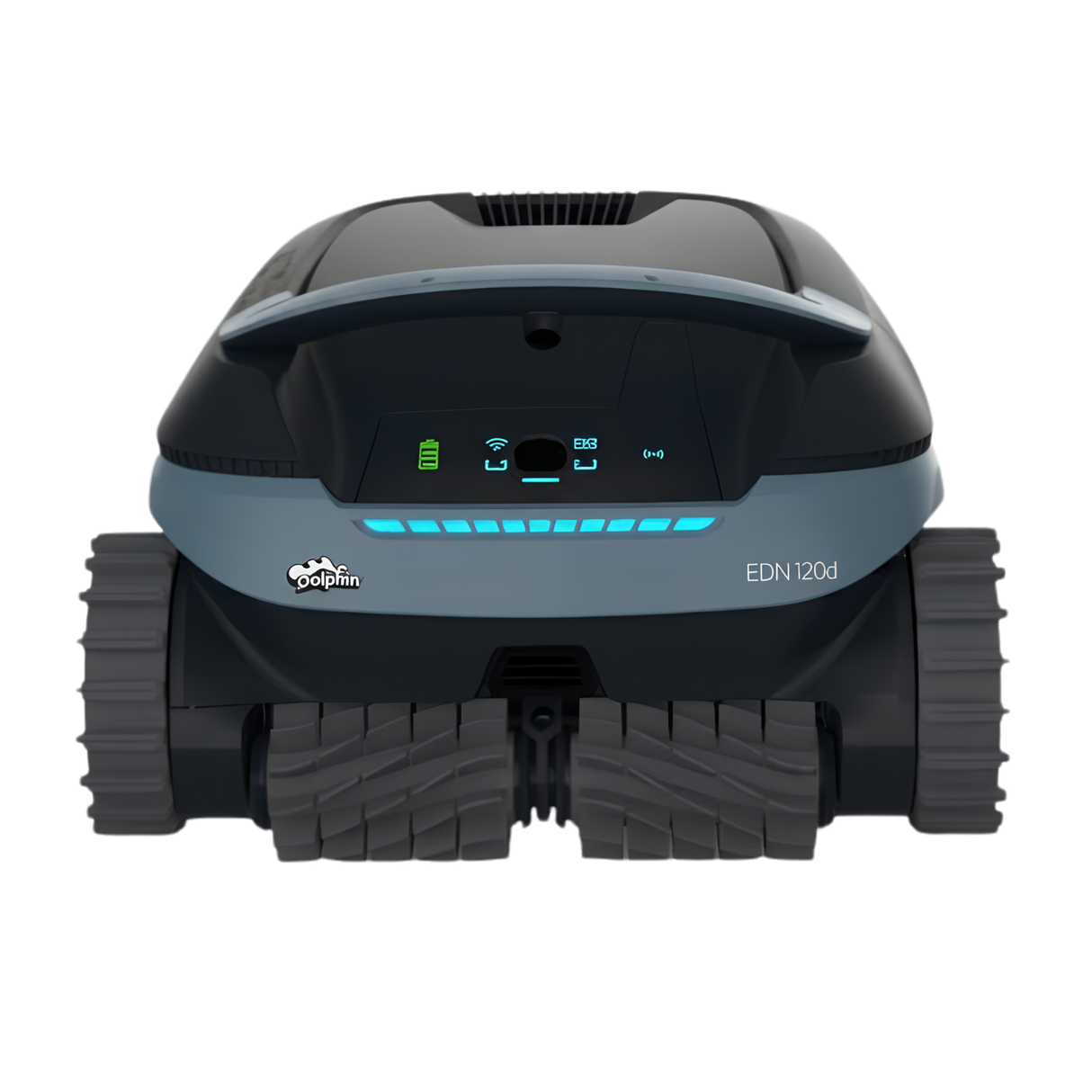 Front view of Maytronics Dolphin EON 120d cordless pool cleaner showcasing the LED control panel indicators, dual front scrubbing brushes, and grey tracks.