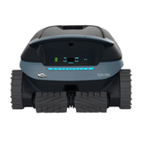 Front view of Maytronics Dolphin EON 120d cordless pool cleaner showcasing the LED control panel indicators, dual front scrubbing brushes, and grey tracks.