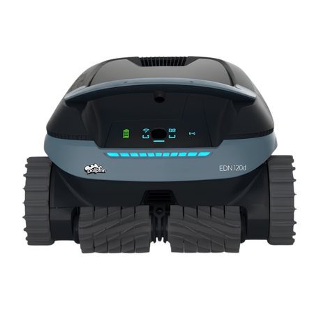 Front view of Maytronics Dolphin EON 120d cordless pool cleaner showcasing the LED control panel indicators, dual front scrubbing brushes, and grey tracks.