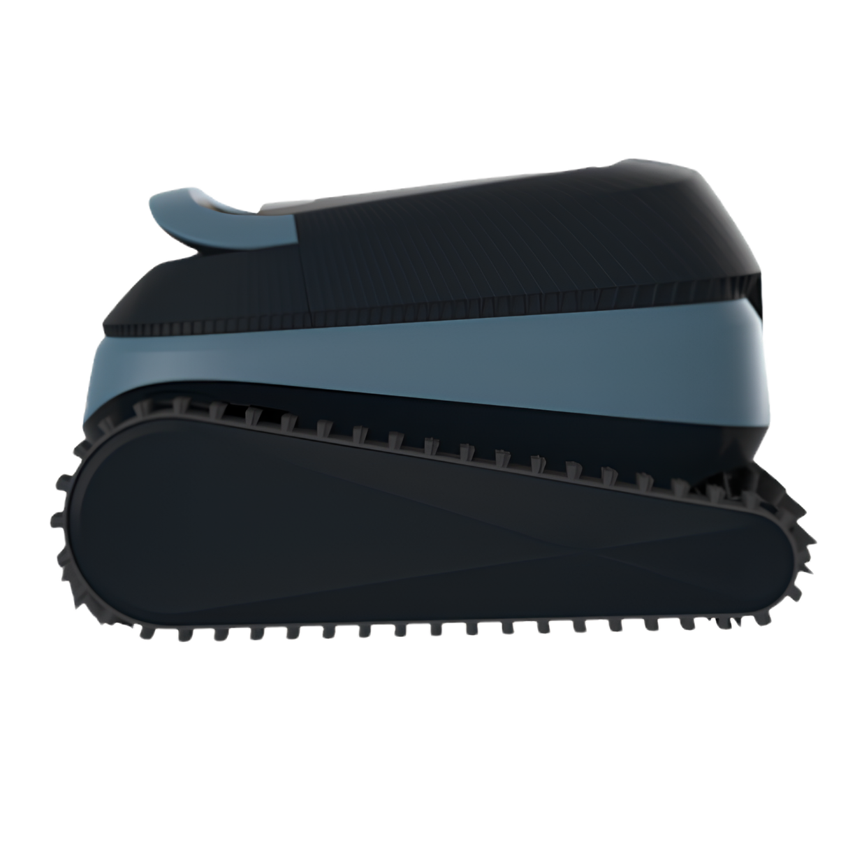 Side profile view of the Maytronics Dolphin EON 120d cordless pool cleaner showcasing its continuous rubber tank tracks and sleek grey and black hydrodynamic chassis.