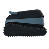 Side profile view of the Maytronics Dolphin EON 120d cordless pool cleaner showcasing its continuous rubber tank tracks and sleek grey and black hydrodynamic chassis.
