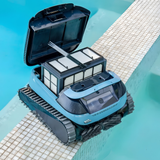 Maytronics Dolphin EON 120d cordless pool cleaner sitting on a tiled pool edge with its top lid open to show the removable DebrisLock cartridge filter system.