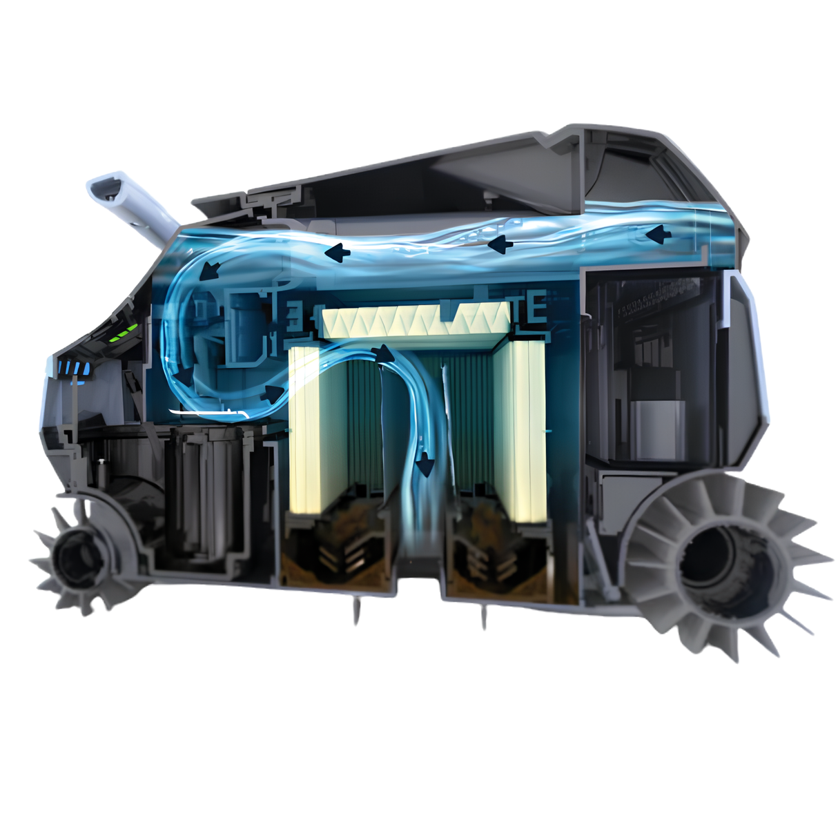 Cross-section diagram of the Maytronics Dolphin EON 120d pool cleaner showing the DebrisLock filtration system, water flow paths with arrows, and multi-angle filters