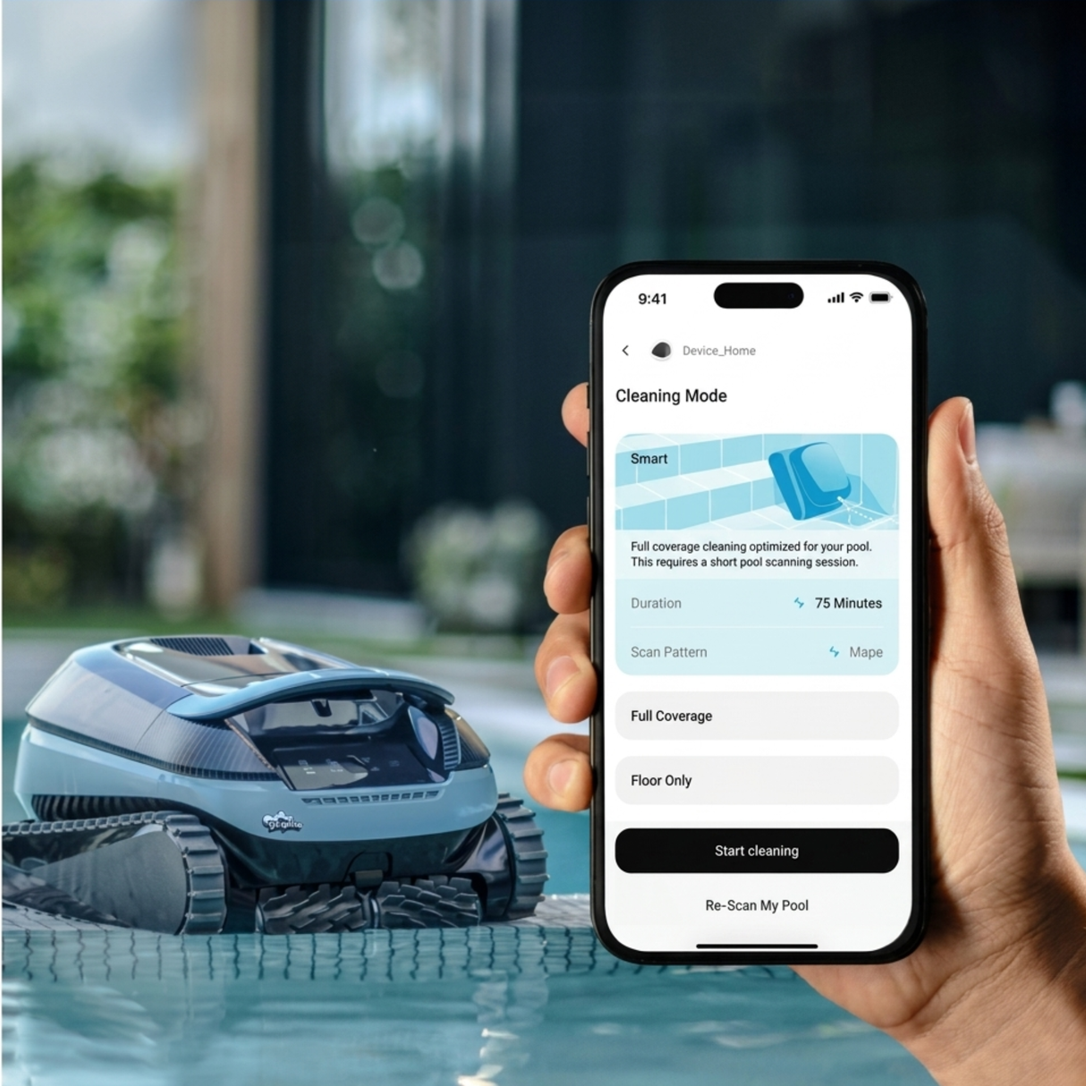 A hand holding a smartphone displaying the Maytronics Plus app interface next to a Dolphin EON 120d cordless pool cleaner sitting poolside, showing available cleaning modes.