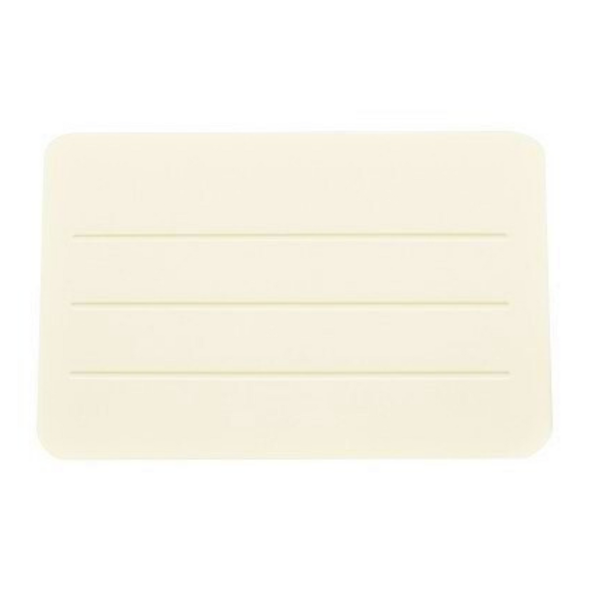 Top-down studio product photo of a rectangular off-white Drysorb diatomaceous earth fast-drying bath mat featuring three horizontal drainage grooves, on an isolated white background.