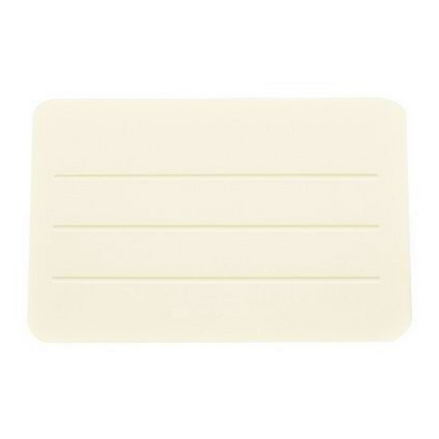 Top-down studio product photo of a rectangular off-white Drysorb diatomaceous earth fast-drying bath mat featuring three horizontal drainage grooves, on an isolated white background.