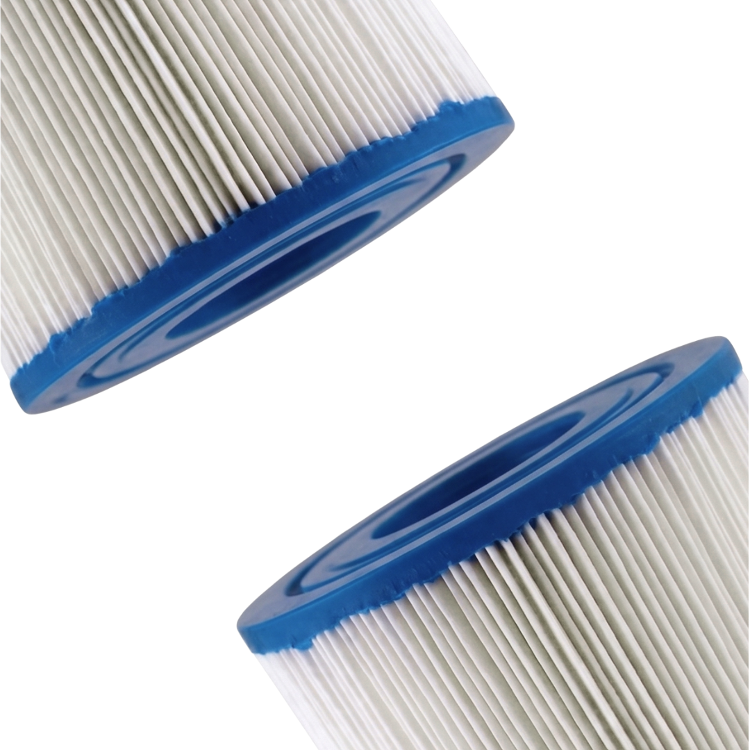 Staggered close-up view of a 2-pack replacement kit featuring two DSF50 spa filter elements highlighting the solid blue bottom end caps and pleated media fabric