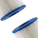 Staggered close-up view of a 2-pack replacement kit featuring two DSF50 spa filter elements highlighting the solid blue bottom end caps and pleated media fabric