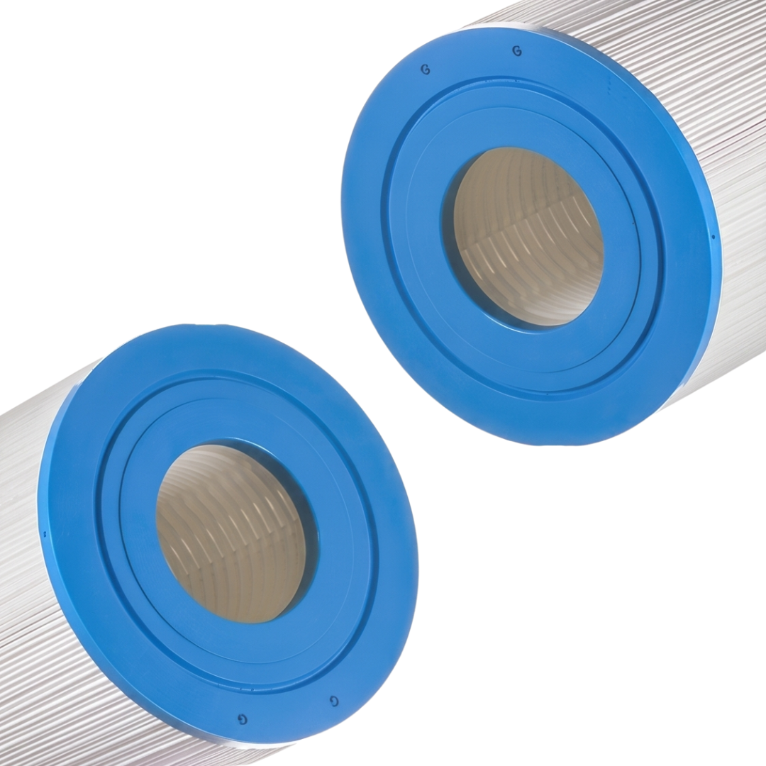 Angled close-up view of a 2-pack replacement kit featuring two DSF50 spa filter elements highlighting the matching blue open end caps and internal support cores
