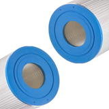Angled close-up view of a 2-pack replacement kit featuring two DSF50 spa filter elements highlighting the matching blue open end caps and internal support cores