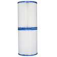 Vertical stacked front profile view of a 2-pack replacement kit featuring two DSF50 spa filter elements with blue end caps and white pleated media