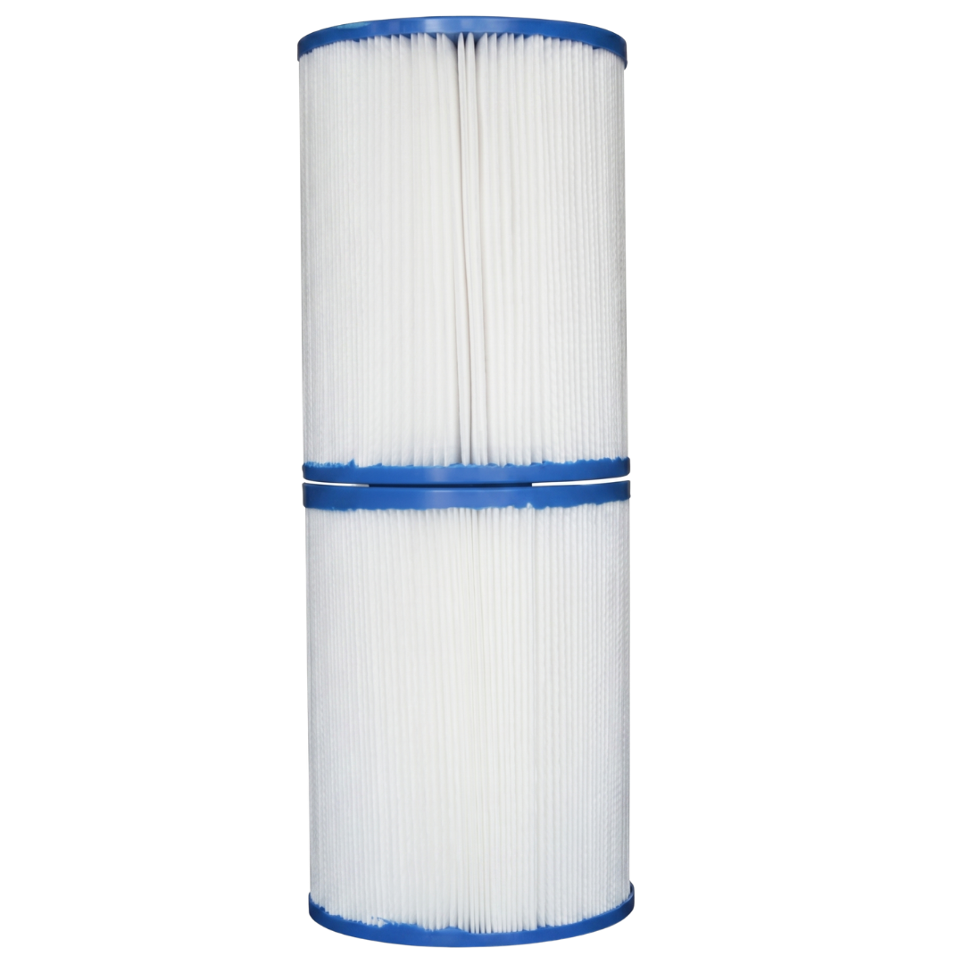 Vertical stacked front profile view of a 2-pack replacement kit featuring two DSF50 spa filter elements with blue end caps and white pleated media