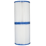 Vertical stacked front profile view of a 2-pack replacement kit featuring two DSF50 spa filter elements with blue end caps and white pleated media