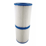 Slightly elevated front profile view of a 2-pack replacement kit featuring two DSF50 spa filter elements stacked vertically to showcase the blue open top end cap