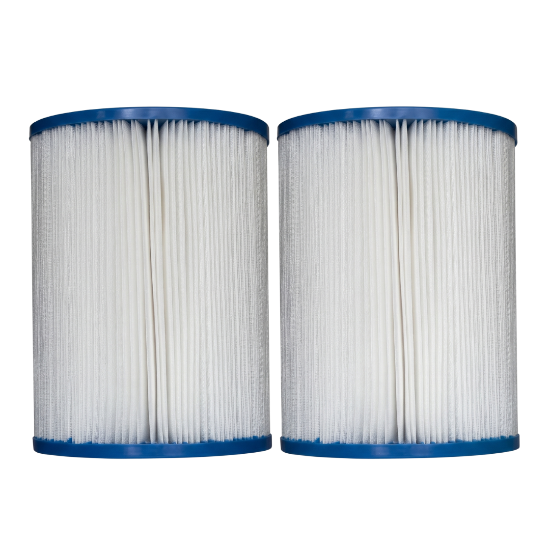 Upright side-by-side front view of a 2-pack replacement kit featuring two DSF50 spa filter elements showing the blue end caps and white pleated media
