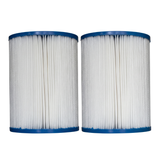 Upright side-by-side front view of a 2-pack replacement kit featuring two DSF50 spa filter elements showing the blue end caps and white pleated media