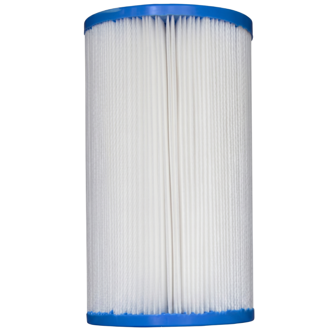 Straight front profile view of a 35 Sq Ft replacement filter cartridge for Dyno Flo Tonga spas showing the tight white pleated media between the blue end caps