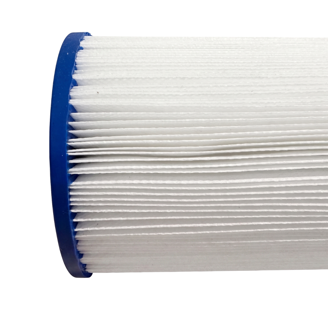 Horizontal close-up view of a 35 Sq Ft replacement filter cartridge for Dyno Flo Tonga spas highlighting the white pleated fabric layers meeting the blue end cap rim
