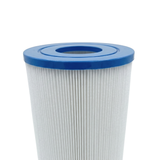 Front profile close-up view of a 35 Sq Ft replacement filter cartridge for Dyno Flo Tonga spas showing the smooth blue open top end cap and pleated media fabric