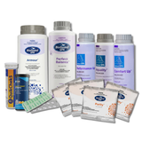 BioGuard Spa chemical start-up kit for Eco-Spa chlorinators featuring Perfect Balance, Armour sanitiser, Performance Up, Aquality, Comfort Up, Purity oxidiser sachets, and water testing strips.