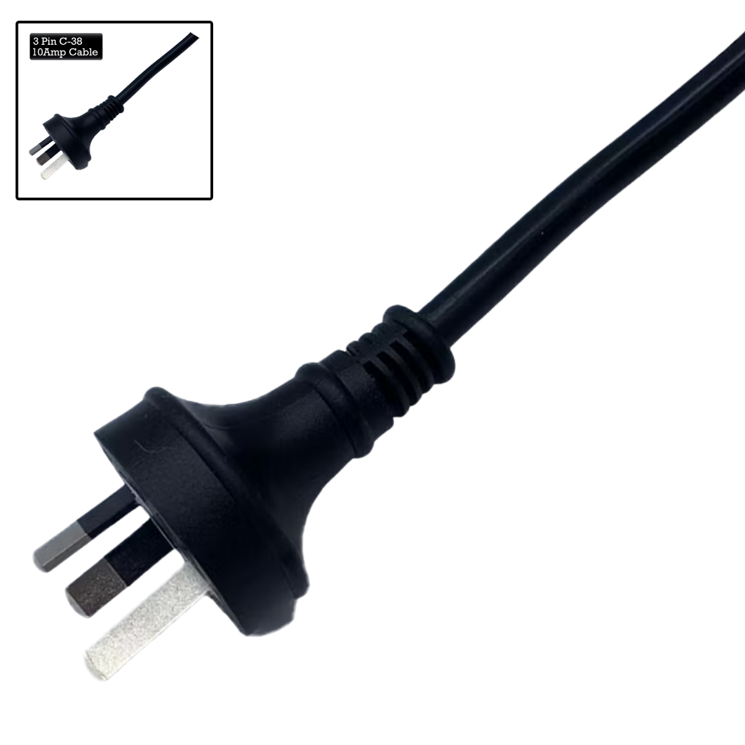 Close-up view of the 3-pin C-38 10Amp mains electrical power plug and cable for the EdgeTec 1 Hp 6100 Auto Heat spa bath pump with an inset graphic isolated on white.
