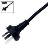 Close-up view of the 3-pin C-38 10Amp mains electrical power plug and cable for the EdgeTec 1 Hp 6100 Auto Heat spa bath pump with an inset graphic isolated on white.