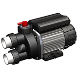 Three-quarter 3D CAD render of an EdgeTec 1 Hp 6100 Auto Heat spa bath pump fitted with dual barrel unions, red air switch button valve, and ribbed motor housing isolated on white.