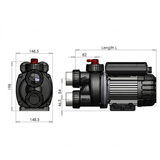 Technical dimensional line drawing showing front and side profile measurements for the EdgeTec 1 Hp 6100 Auto Heat spa bath pump isolated on white.