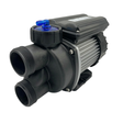Three-quarter studio view of an EdgeTec 1 Hp 6100 Auto Heat spa bath pump showcasing the dual threaded suction and discharge ports, silver ribbed motor housing, and top-mounted blue air switch elbow isolated on white.