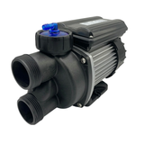 Three-quarter studio view of an EdgeTec 1 Hp 6100 Auto Heat spa bath pump showcasing the dual threaded suction and discharge ports, silver ribbed motor housing, and top-mounted blue air switch elbow isolated on white.