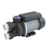 Three-quarter studio view of an EdgeTec 1 Hp 6100 Auto Heat spa bath pump with attached barrel unions, purple air switch barb fitting, and ribbed aluminum motor housing isolated on white.