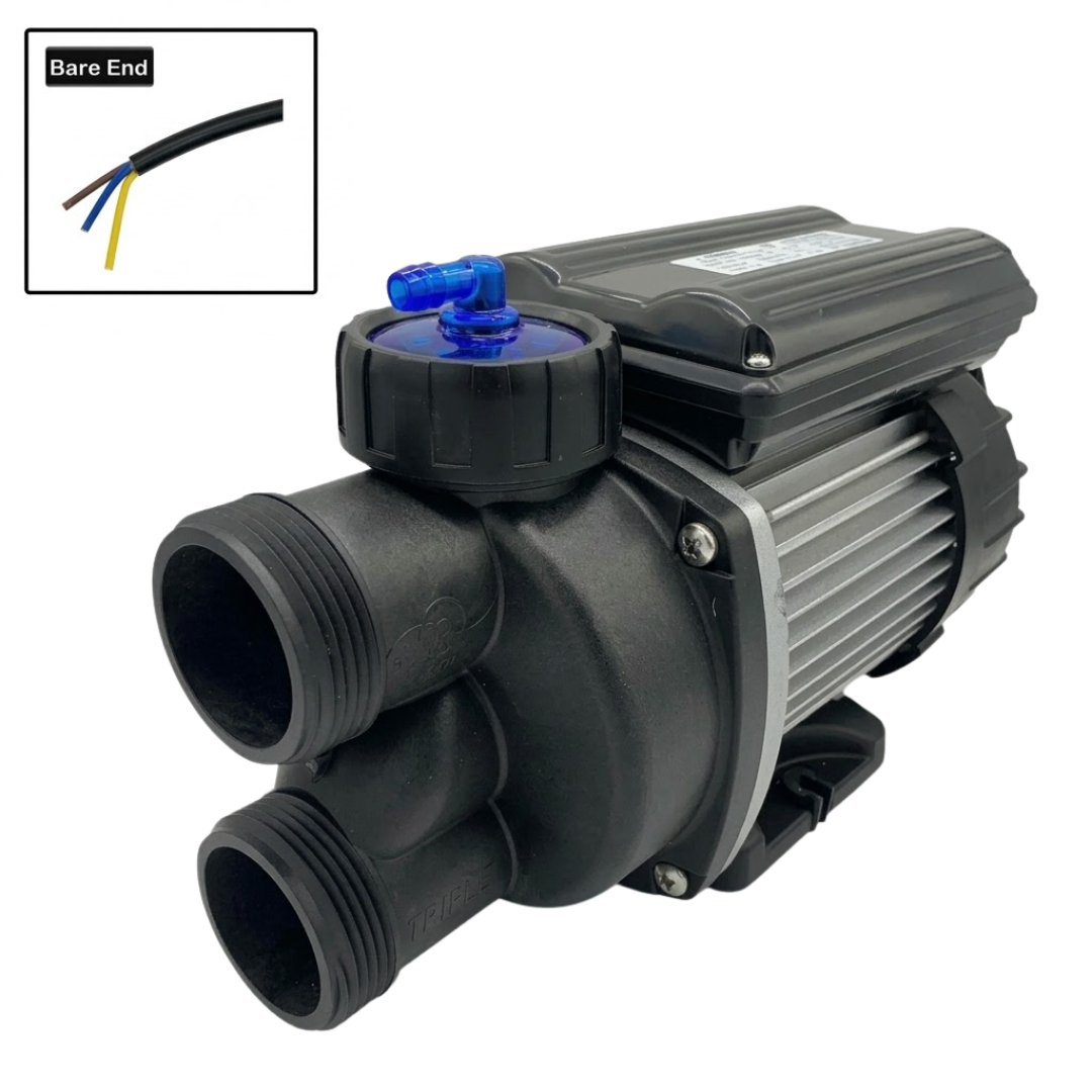 Three-quarter studio view of an EdgeTec 1 Hp 6101 Xtra Heat spa bath pump with an inset graphic in the top-left corner indicating a bare end power cord connection.