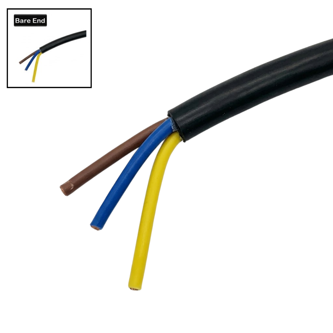Close-up view of the 3-core stripped bare end electrical power cable for the EdgeTec 1 Hp 6101 Xtra Heat spa bath pump, showing the brown, blue, and yellow wiring isolated on white.