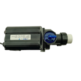 Top-down overhead view of an EdgeTec 1 Hp 6101 Xtra Heat spa bath pump showcasing the electrical box label, blue air switch elbow, and attached barrel union fitting isolated on white.