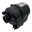 An EdgeTec Enhance heated spa bath air blower unit showing the black plastic motor housing, threaded outlet connection, integrated ports for an air switch, and the product specification label on a white background.
