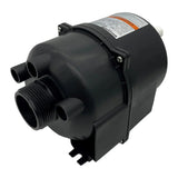 An EdgeTec Enhance heated spa bath air blower unit showing the black plastic motor housing, threaded outlet connection, integrated ports for an air switch, and the product specification label on a white background.