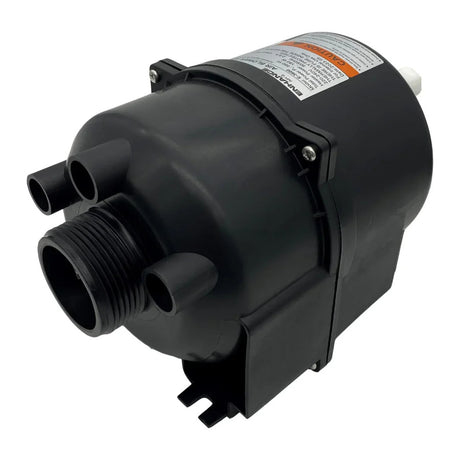 An EdgeTec Enhance heated spa bath air blower unit showing the black plastic motor housing, threaded outlet connection, integrated ports for an air switch, and the product specification label on a white background.