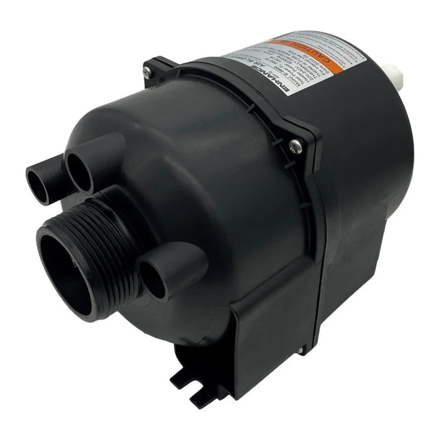 An EdgeTec Enhance heated spa bath air blower unit showing the black plastic motor housing, threaded outlet connection, integrated ports for an air switch, and the product specification label on a white background.
