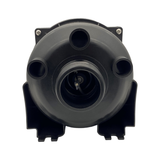 Front view of an EdgeTec black heated spa bath air blower unit showing the internal heating element wire inside the main outlet, three air switch configuration ports, and mounting feet against a white background.