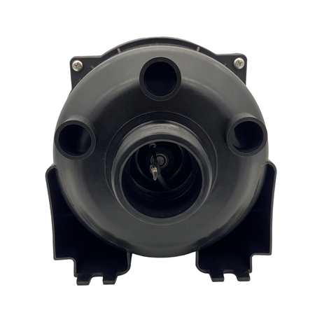 Front view of an EdgeTec black heated spa bath air blower unit showing the internal heating element wire inside the main outlet, three air switch configuration ports, and mounting feet against a white background.