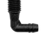 Macro profile view of the black plastic 90 degree elbow plumbing tailpiece on an Edgetec O2 spa air injector showing the single barbed hose ridge and external thread lines